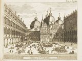un vieux dessin représentant un grand bâtiment avec une fontaine au milieu