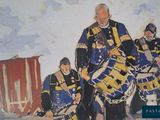a painting of a group of men in uniform playing drums
