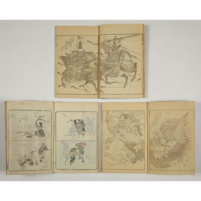a set of four japanese woodblocks depicting samurais on horseback