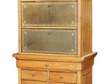 an image of a wooden cabinet with glass doors and drawers