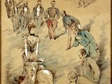 tableau représentant un groupe de personnes marchant sur un chemin de terre