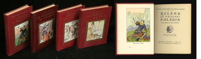 four books are lined up in a row on a black surface