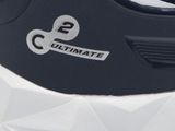the sole of a pair of black and white sneakers with a logo on it