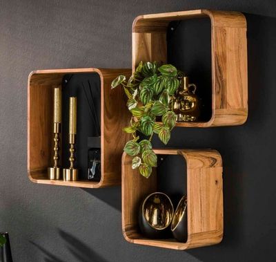 Lot de 3 étagères murales carrées en bois d'acacia naturel, …