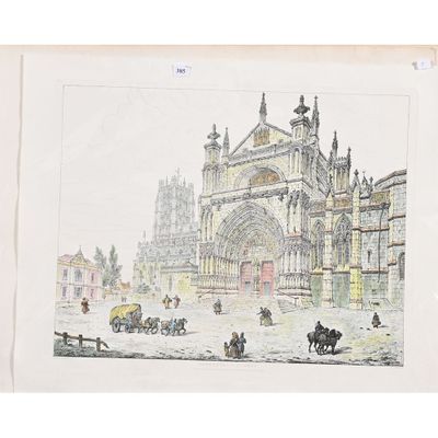 dessin représentant une grande cathédrale devant laquelle se trouve une calèche