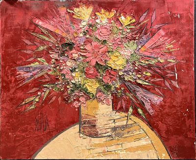 a painting of a vase of flowers on a table