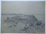 un vieux dessin représentant une vue d'un port avec des bateaux et des bâtiments