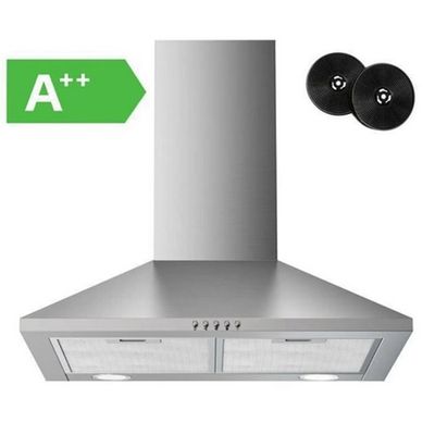 a and a stainless steel range hood with two black knobs