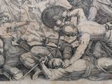 a black and white drawing of a group of men fighting