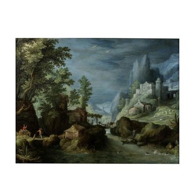 l'image d'une peinture représentant une rivière avec un château à l'arrière-plan