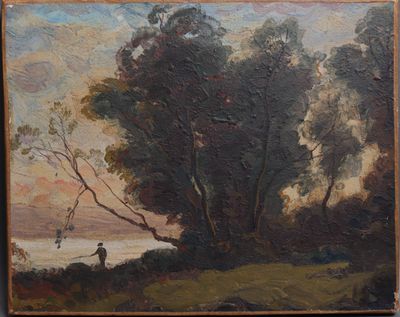 an oil painting of a man fishing on a river with trees
