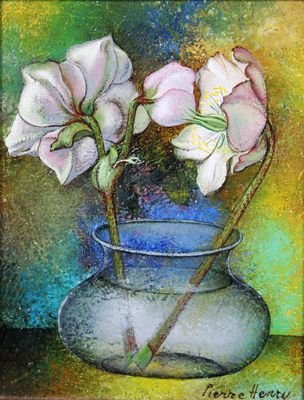pastel painting of two flowers in a vase on a table