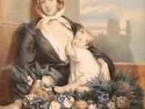 painting of a woman holding a baby in a basket of flowers