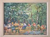 a painting of a group of people sitting on a bench