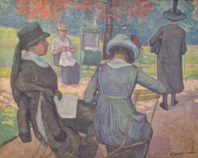 une peinture représentant un groupe de personnes assises sur un banc