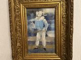 a painting of a man in a blue shirt and white pants