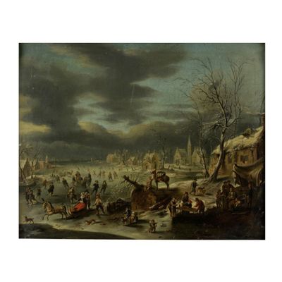 une image représentant un tableau représentant une scène hivernale avec des personnes sur un lac gelé