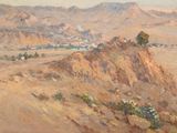 painting of a desert landscape with hills and a town in the distance
