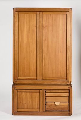 an image of a wooden cabinet with two drawers and a door