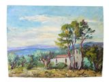 an oil painting of a house and trees in a field