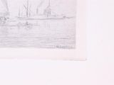 pencil drawing of a boat in a body of water with other boats in the background