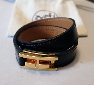 Hermès Bracelet Double-Tour Cuir Noir - Élégance Parisienne