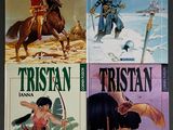 three books on a table, one of which has a picture of a man riding a horse and the other of which is a woman riding a horse
