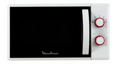un micro-ondes blanc muni de deux boutons rouges