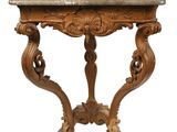 an old wooden table with a marble top on a white background