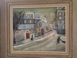 a painting of a street scene with people walking down the street