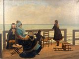 un tableau représentant un groupe de personnes sur une terrasse au bord de la mer