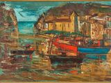 a painting of boats in a harbor with buildings in the background