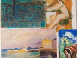 several paintings of a woman sitting on a bench in front of a wall