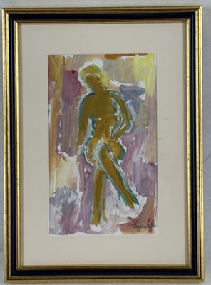 framed painting of a nude woman in a yellow dress sitting on a chair