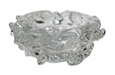 a clear glass bowl with a decorative design on it