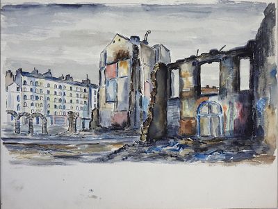 École du XXe siècle : Ruines dans une ville bombardée.