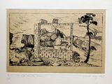 une image représentant un dessin d'un mur de pierre avec un arbre au premier plan
