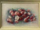 painting of a bouquet of pink and white flowers in a gold frame