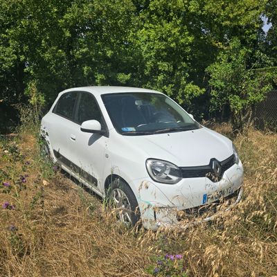a small white car that is parked in the grass