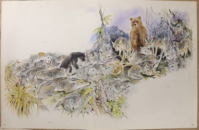 painting of a bear and her cubs in a field of grass