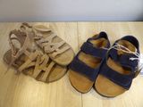 two pairs of children ' s sandals on a wooden table