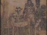 dessin représentant un groupe de soldats debout autour d'une table recouverte d'une nappe