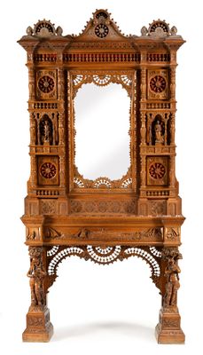 a wooden table with a mirror on top of it