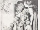 an old book with a drawing of a man sitting in a chair and a woman standing next to him