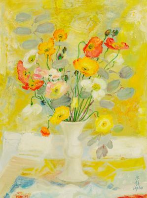 painting of flowers in a white vase on a table with a yellow background