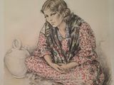 tableau représentant une femme assise par terre, avec un pot devant elle