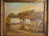 an oil painting of a city scene with a bridge and buildings
