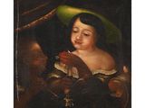 une peinture à l'huile représentant une jeune fille coiffée d'un chapeau vert et tenant un oiseau