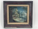 an oil painting of a landscape with sheep and a house in the distance