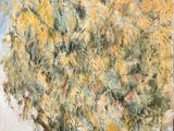 une peinture à l'huile représentant un arbre dans un champ, avec le ciel en arrière-plan